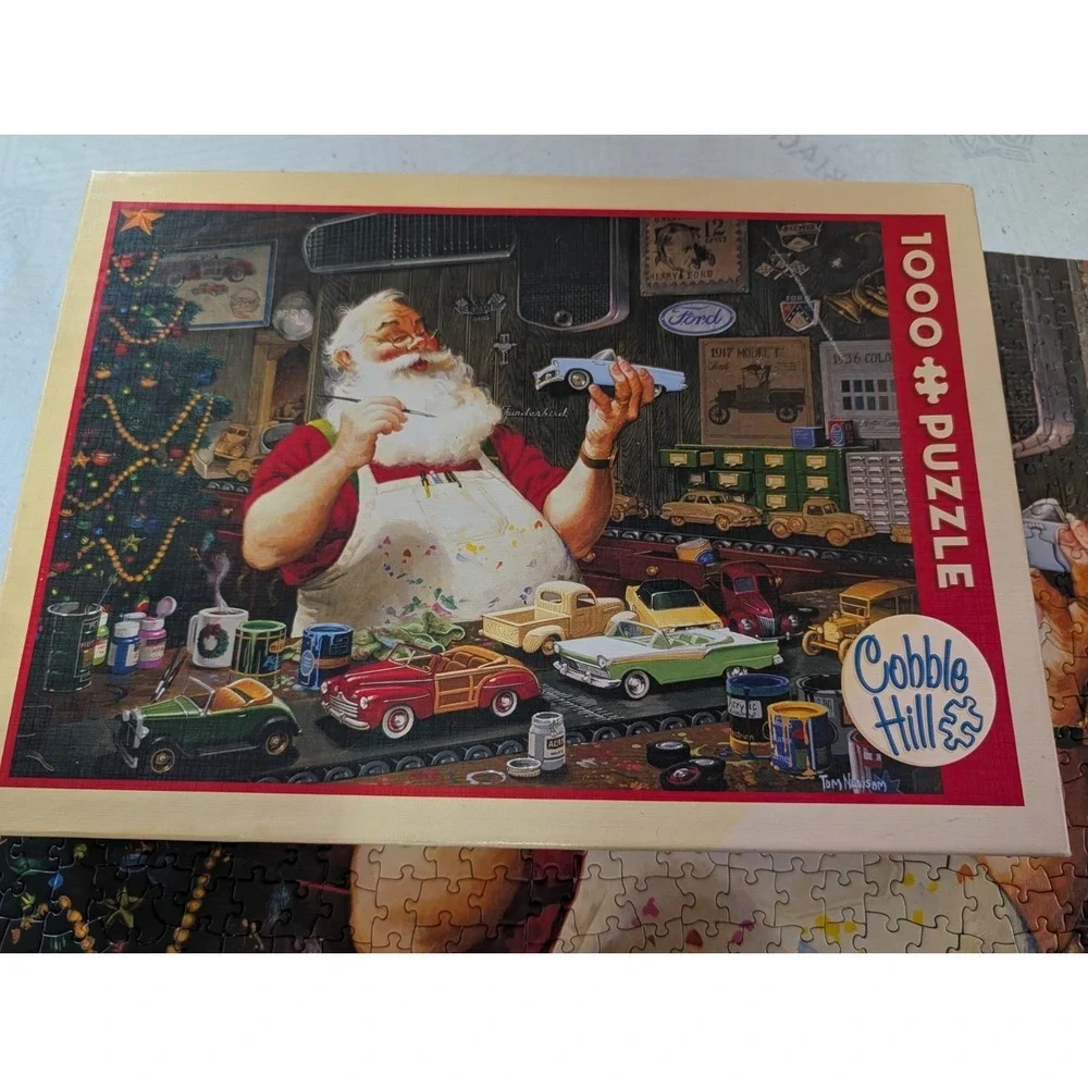 Cobble Hill Santa Painting Cars Jigsaw Puzzle 1000 Pcs Complete Tom Newsom